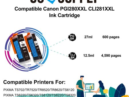 Compatible (PGBK+CLIBK) Canon PGI280 CLI281 Ink Cartridge Used for PIXMA TS702 TR7520 TR8520 TR8620 TS6120 TS6220 TS6320 TS8120 TS8220 TS8320 TS8322 TS9120 TS9520 TS9521C Supply