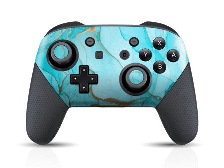 Nintendo Switch Pro CONTROLLER SIGNATURE AGATE GEODE Aqua-Gold Skin For Sale