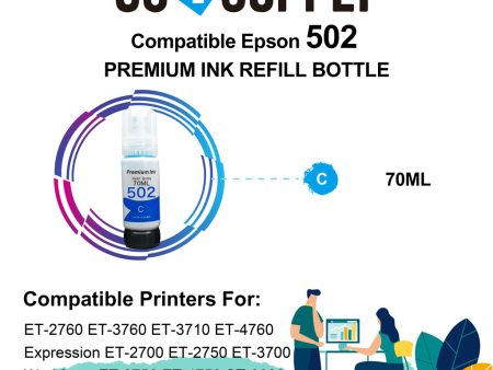 Compatible 502 Cyan Ink Refill Bottles for ET-2750 ET2760 ET-2803 ET-3750 ET-4750 ET-3760 ET-4760 ET-2850 ET-4800 ET-3700 ET-3710 ET-15000 ET-2800 ST-4000 Printer Online Hot Sale