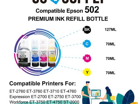 Compatible 502 Ink Refill Bottles for ET-2750 ET2760 ET-2803 ET-3750 ET-4750 ET-3760 ET-4760 ET-2850 ET-4800 ET-3700 ET-3710 ET-15000 ET-2800 ST-4000 Printer Online