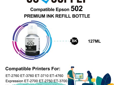 Compatible 502 Black Ink Refill Bottles for ET-2750 ET2760 ET-2803 ET-3750 ET-4750 ET-3760 ET-4760 ET-2850 ET-4800 ET-3700 ET-3710 ET-15000 ET-2800 ST-4000 Printer For Sale