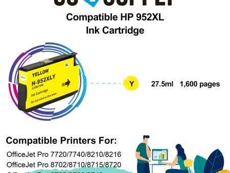 Compatible Yellow HP 952xl Ink Cartridge Used for HP OfficeJet Pro 7720 7740 8210 8216 8702 8710 8715 8720 8725 8730 8740 All-in-One Printer Supply