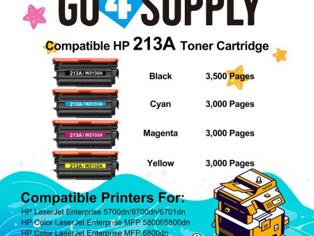 Compatible Combo Set HP 213A W2130A W2131A W2132A W2133A Toner Cartridge use for HP LaserJet Enterprise 5700dn 6700dn 6701dn, Color LaserJet EnterpriseVFP 5800f 5800dn 6800dn, Color LaserJet Enterprise Flow MFP5800zf 6800zf 6800zfsw 6800zfw Printers Supply