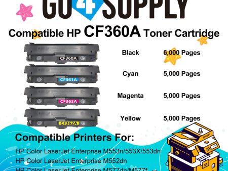 Compatible Combo Set HP 508A CF360A CF361A CF362A CF363A to use with HP Color LaserJet Enterprise Flow MFP M577c, M577z; Enterprise M552dn, M553dh, M553dn, M553n, M553x; Enterprise MFP M577dn, M577f Printers For Cheap