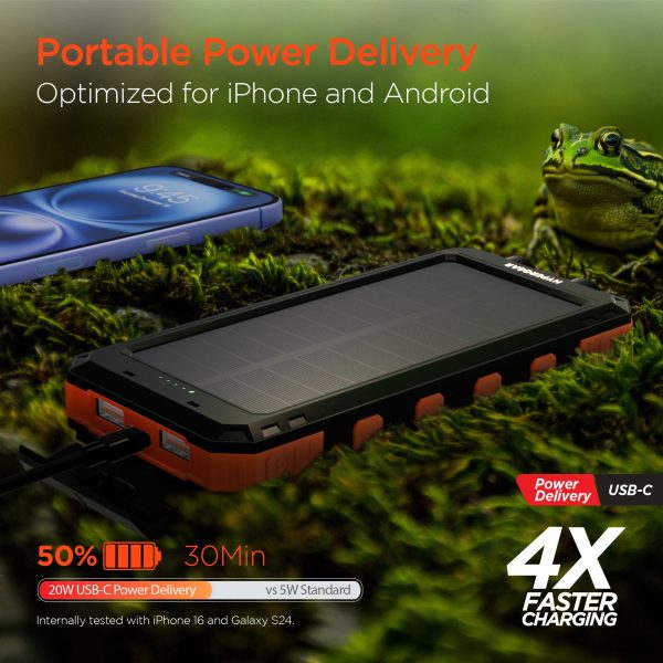 10,000mAh | SolPro 10K Fast Charge Solar Power Bank with 20W USB-C PD | Black and Orange Online Sale