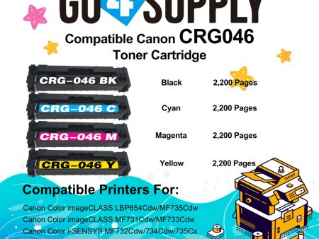 Compatible (Standard-Yield) CANON CRG046 (BCMY) Set Toner Cartridge CRG-046 Used for Color imageCLASS LBP654Cdw MF735Cdw MF731Cdw MF733Cdw; Color i-SENSYS LBP654Cx 653Cdw MF732Cdw 734Cdw 735Cx; Satera MF731Cdw LBP654C LBP652C LBP651C MF735Cdw MF733Cdw For Sale