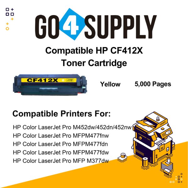 Compatible Yellow HP 412X CF412X Toner Cartridge Used for Color LaserJet Pro M452dw 452dn 452nw, Color LaserJet Pro MFPM477fnw M477fdn M477fdw, Color LaserJet Pro MFP M377dw Printers Supply