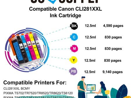 Compatible (WITHOUT Large Black) Included Photo Blue 5-Color Combo (BCMY+PB) Canon CLI281 CLI281XXL CLI-281XXL Ink Cartridge CLI281XL CLI-281XL Used for PIXMA TS8120 TS8220 TS8320 TS9120 Printers Fashion